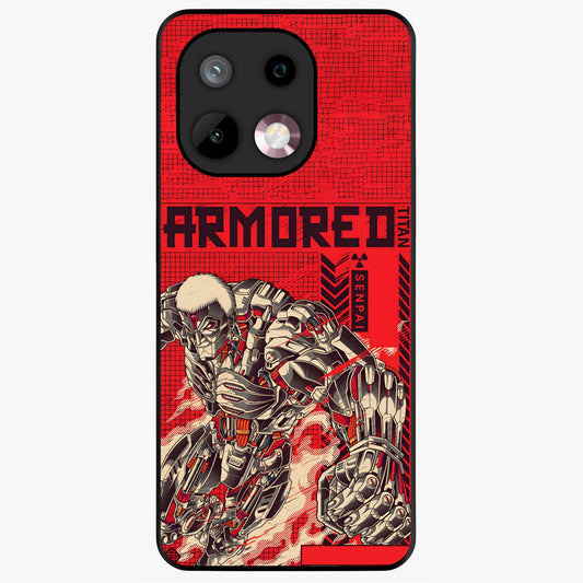 Crimson Mecha Titan Glass Case showing flat back view with powerful mech titan artwork and glossy glass finish.