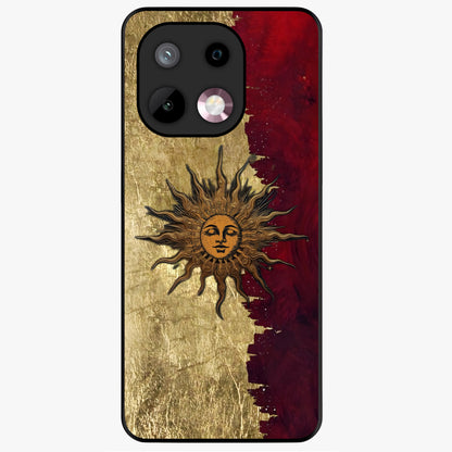 Crimson Sun Majesty Glass Case showing flat back view with radiant sun inspired artwork and glossy glass finish.