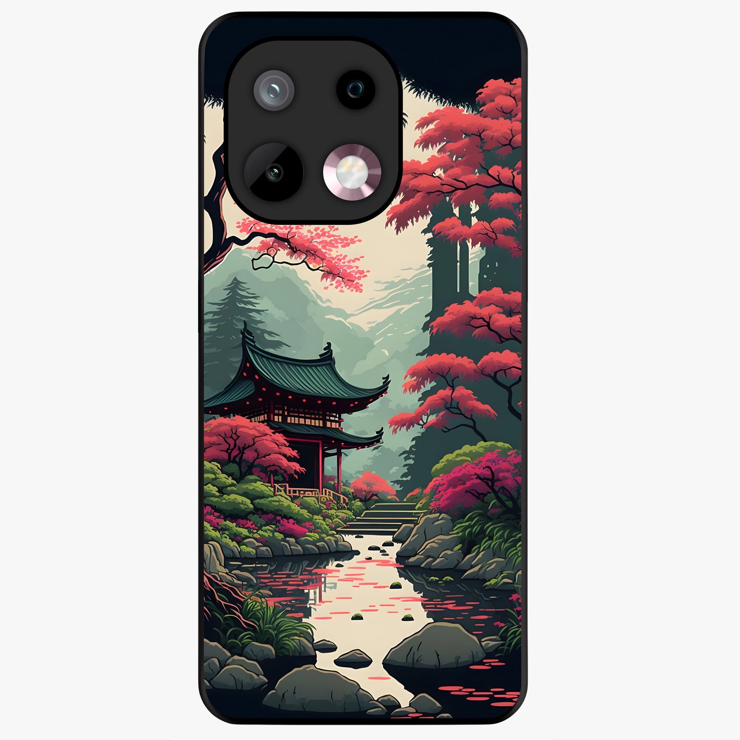 Crimson Temple View Glass Case showing flat back view with temple inspired artwork and glossy glass finish.