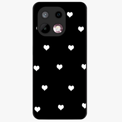 Cute And Simple White Hearts Glass Case showing flat back view with minimal white heart pattern and glossy glass finish.