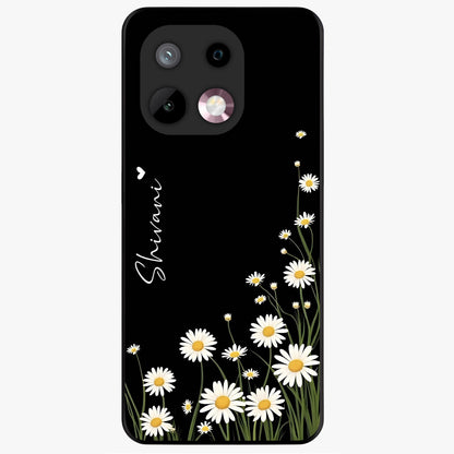 Daisy Cascade Custom Name Glass Case showing flat back view with cascading daisy flowers and personalized name design.