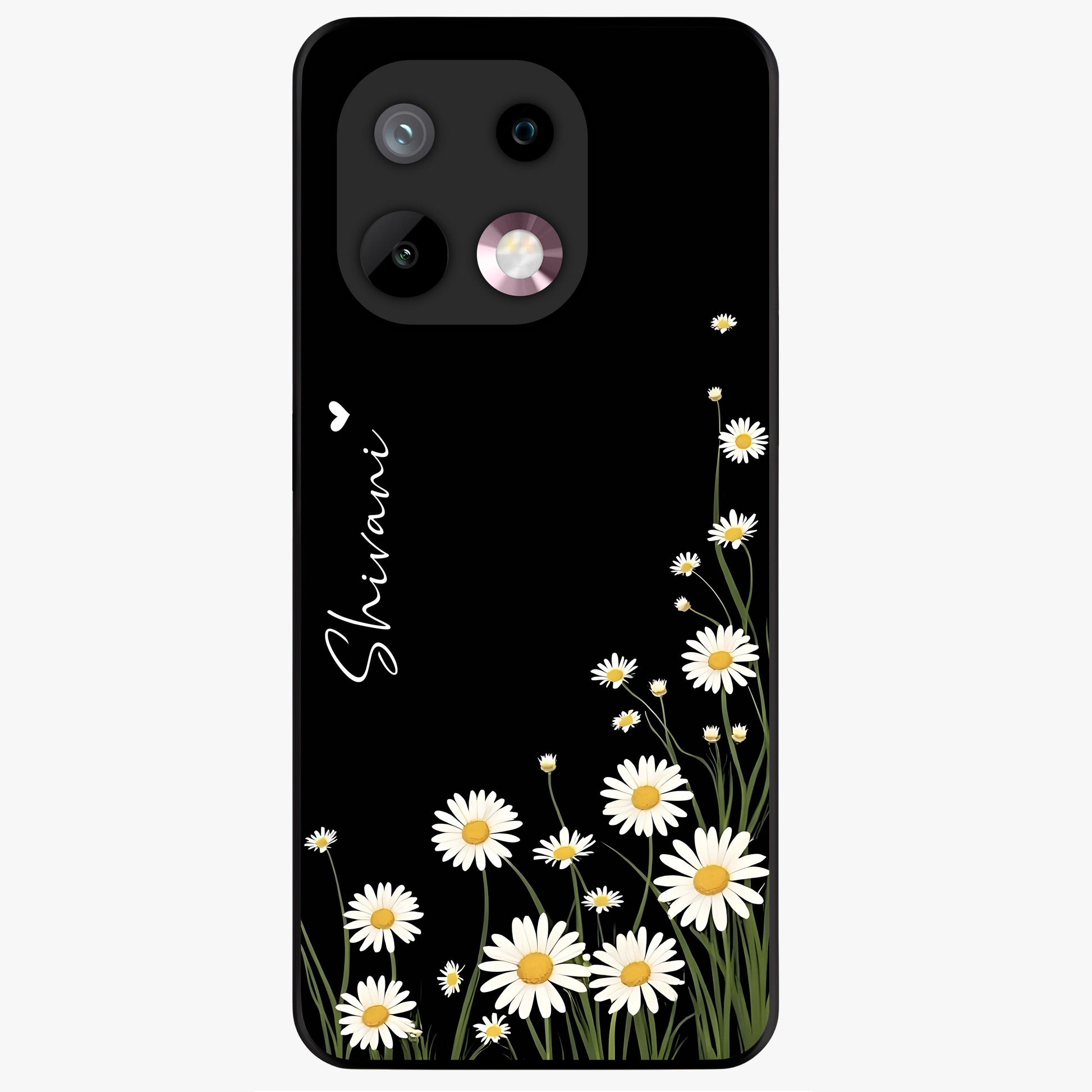 Daisy Cascade Custom Name Glass Case showing flat back view with cascading daisy flowers and personalized name design.