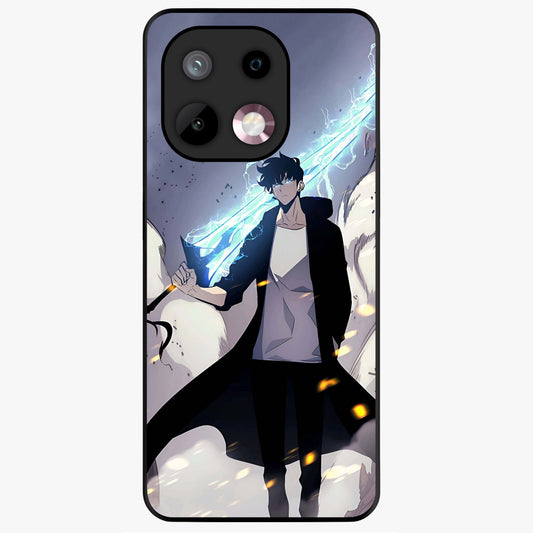 Dark Lightning Anime Warrior Glass Case showing flat back view with intense anime warrior artwork and glossy glass finish.