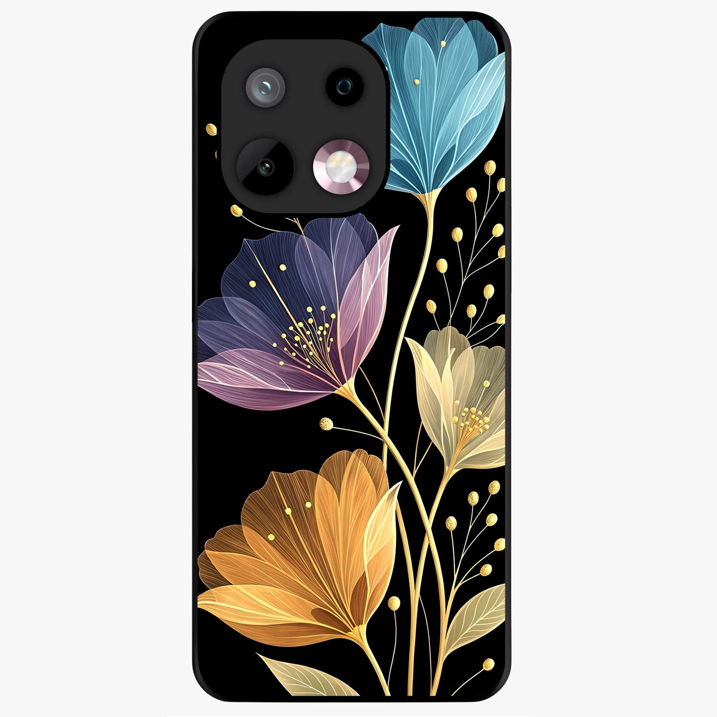 Delicate Multicolor Flowers Glass Case showing flat back view with vibrant floral artwork and glossy glass finish.