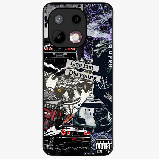 Die Young Glass Case showing flat back view with bold artistic typography design and glossy glass finish.