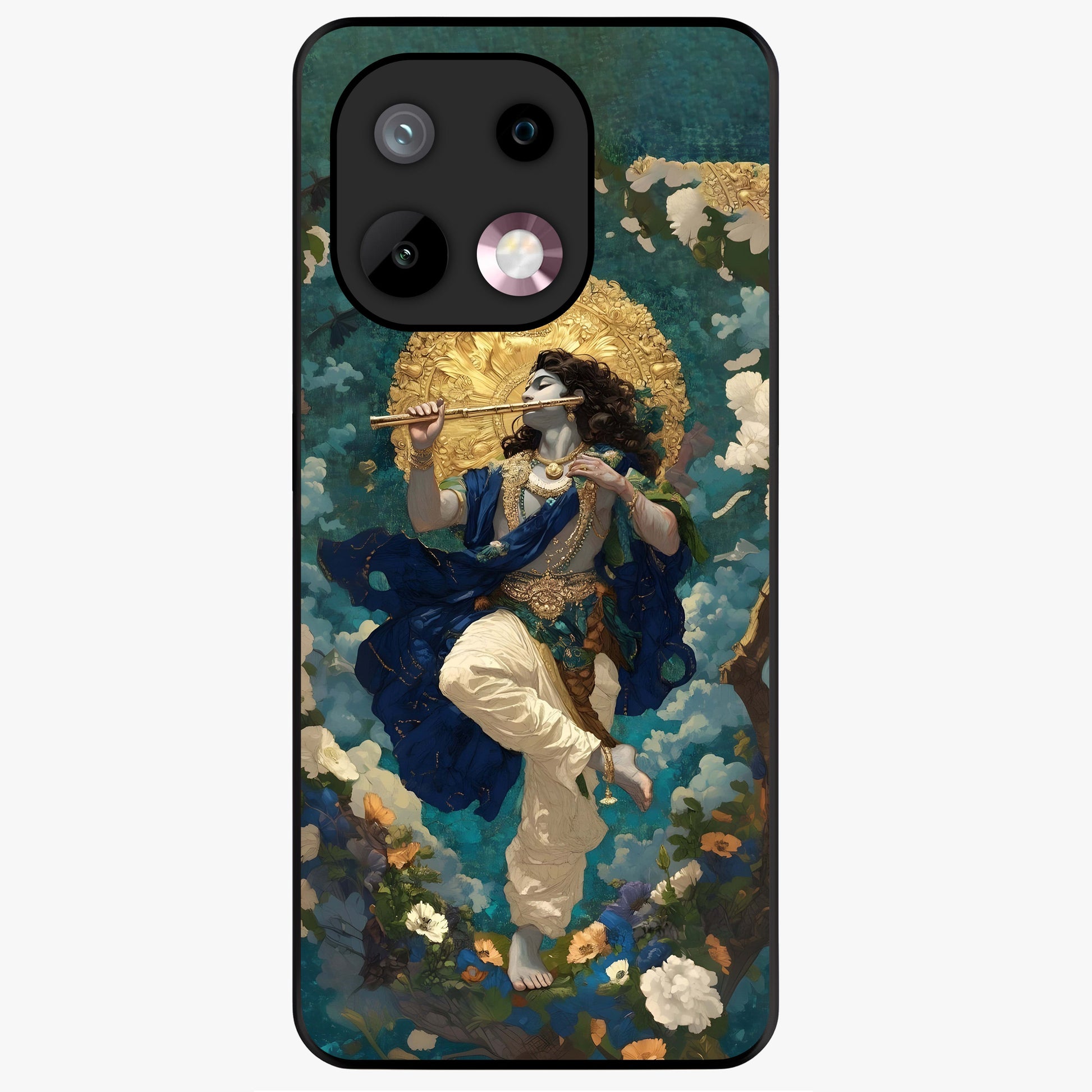 Divine Krishna Art Glass Case showing flat back view with Lord Krishna artwork and glossy glass finish.