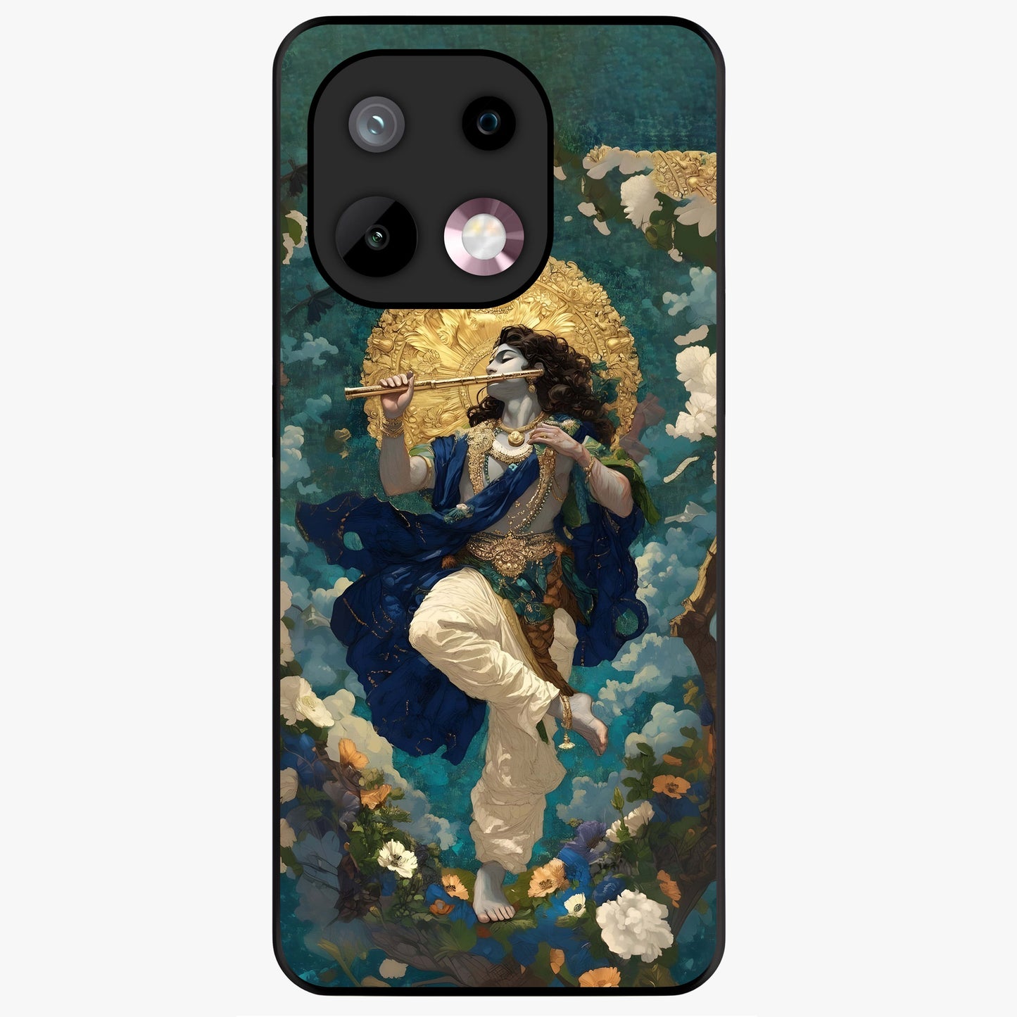 Divine Krishna Art Glass Case showing flat back view with Lord Krishna artwork and glossy glass finish.