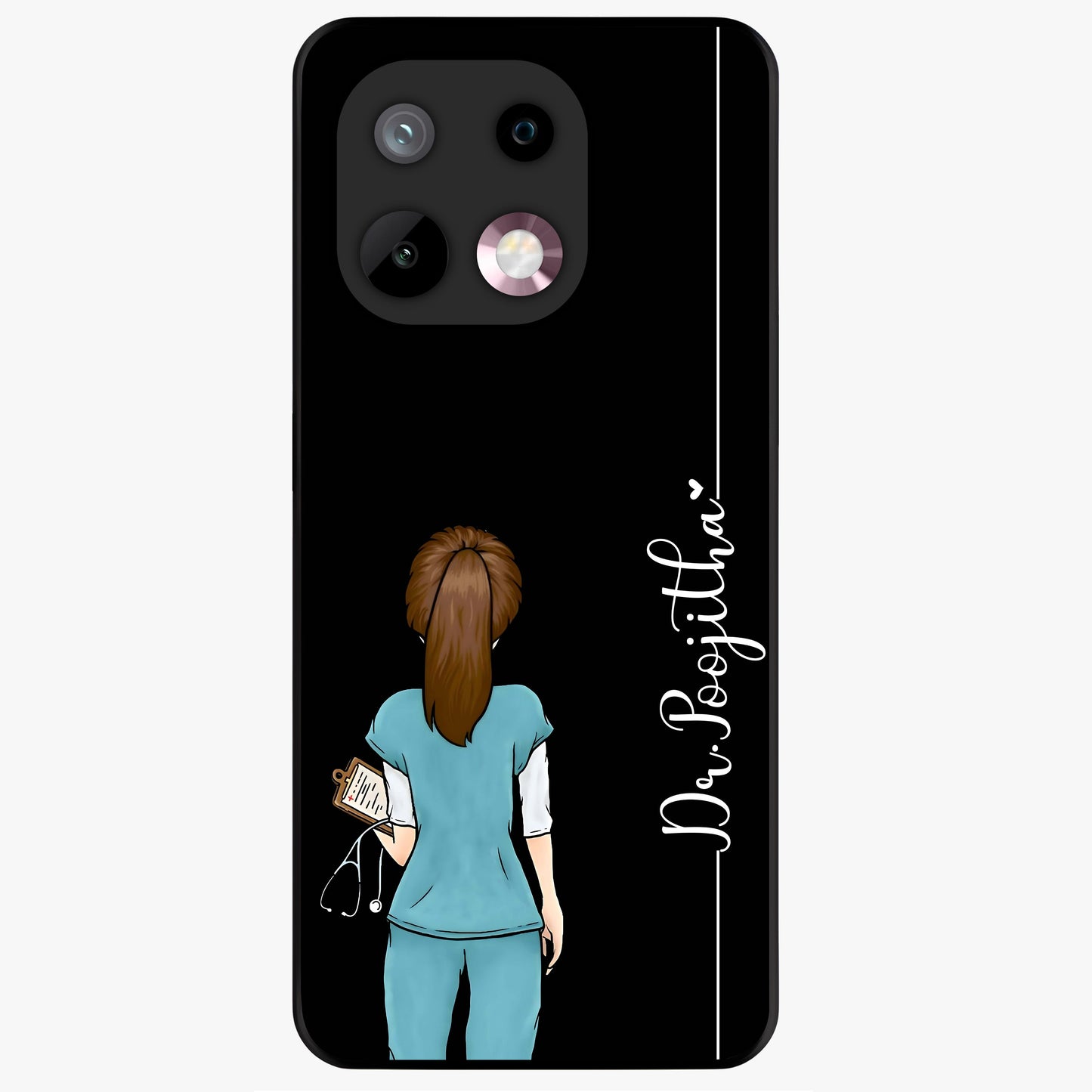 Doctor Pattern Custom Name Glass Case showing flat back view with medical themed pattern and personalized name design.