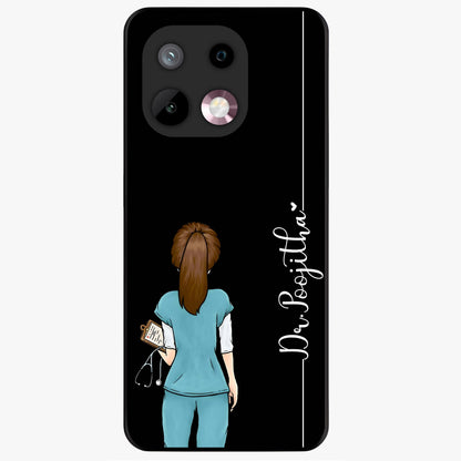 Doctor Pattern Custom Name Glass Case showing flat back view with medical themed pattern and personalized name design.