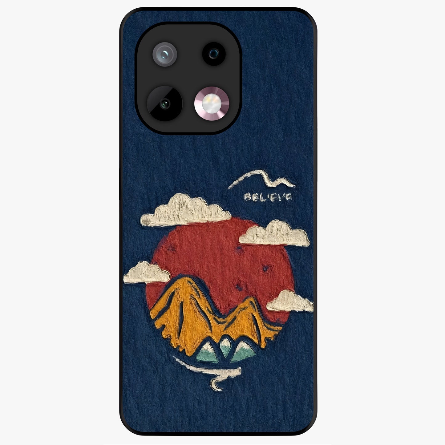 Dream Beyond Mountains Glass Case showing flat back view with scenic mountain landscape artwork and glossy glass finish.