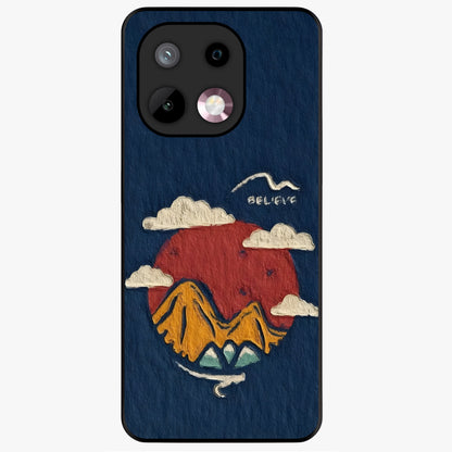 Dream Beyond Mountains Glass Case showing flat back view with scenic mountain landscape artwork and glossy glass finish.