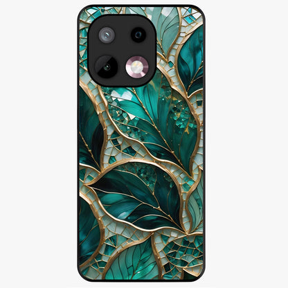 Emerald Leaf Glass Glass Case showing flat back view with emerald green leaf artwork and glossy glass finish.