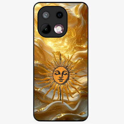 Eternal Golden Glow Glass Case showing flat back view with radiant golden themed artwork and glossy glass finish.