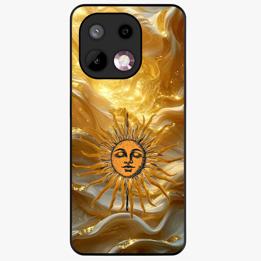 Eternal Golden Glow Glass Case showing flat back view with radiant golden themed artwork and glossy glass finish.