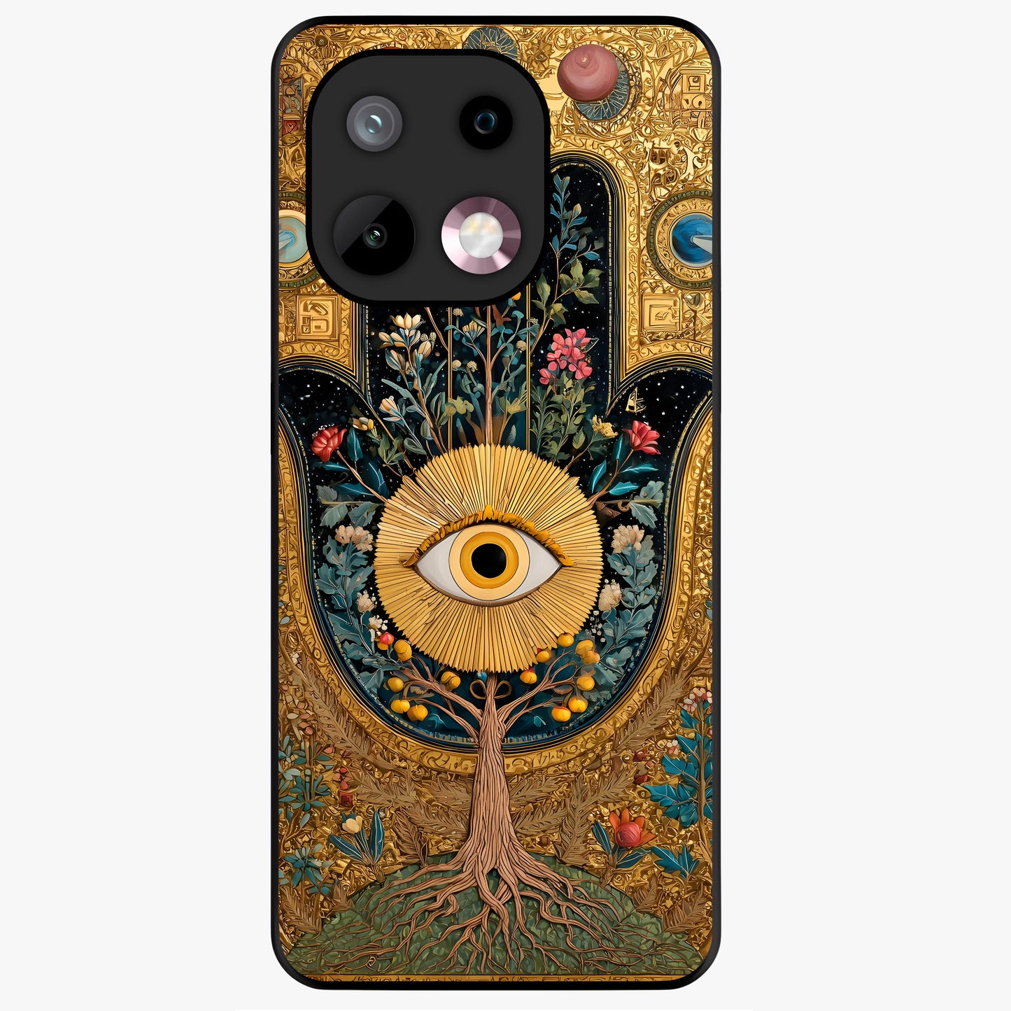 Ethereal Evil Eye Glass Case showing flat back view with mystical evil eye artwork and glossy glass finish.
