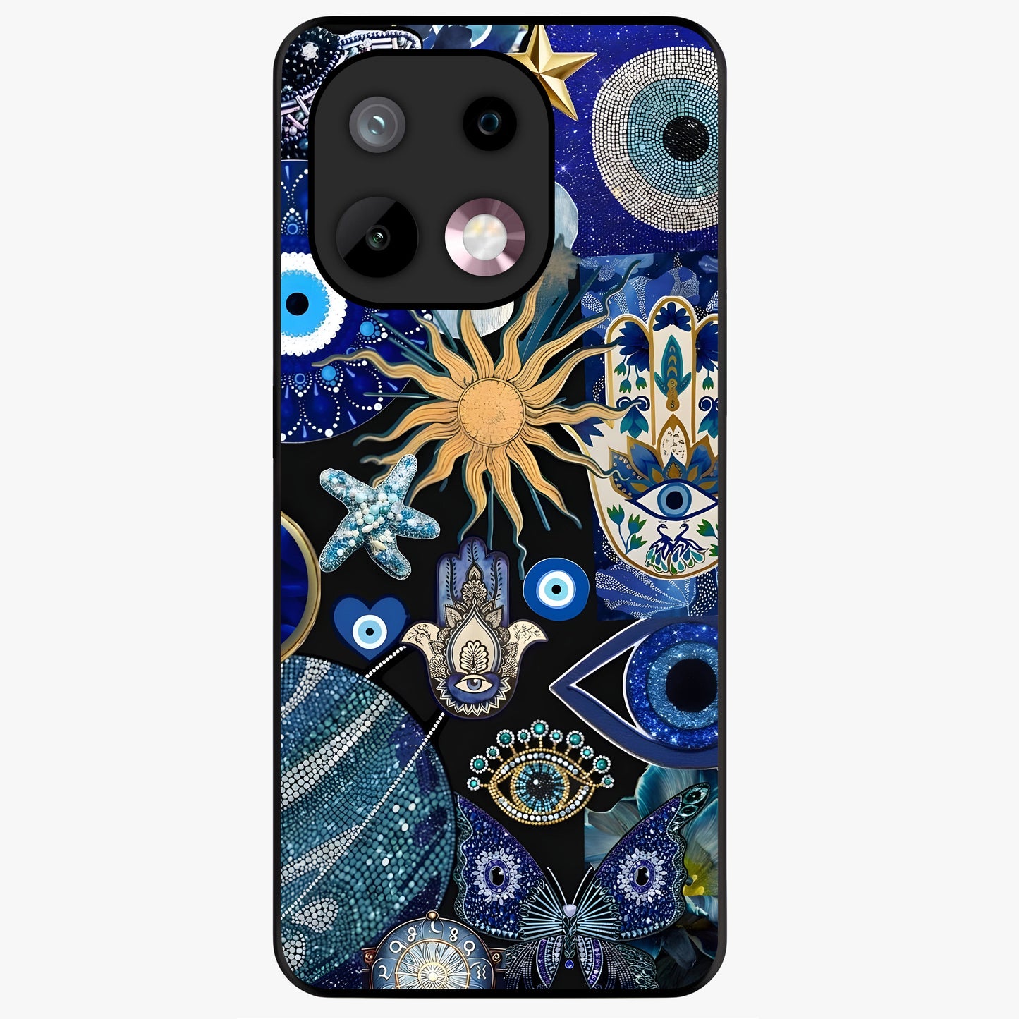 Evil Eye Charm Mix Glass Case showing flat back view with multiple evil eye charms artwork and glossy glass finish.