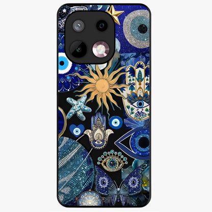 Evil Eye Charm Mix Glass Case showing flat back view with multiple evil eye charms artwork and glossy glass finish.