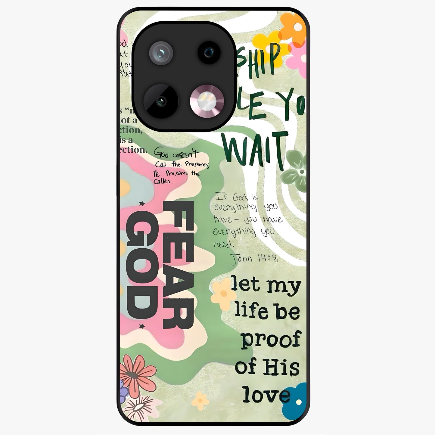 Faith Over Fear Glass Case showing flat back view with motivational typography artwork and glossy glass finish.