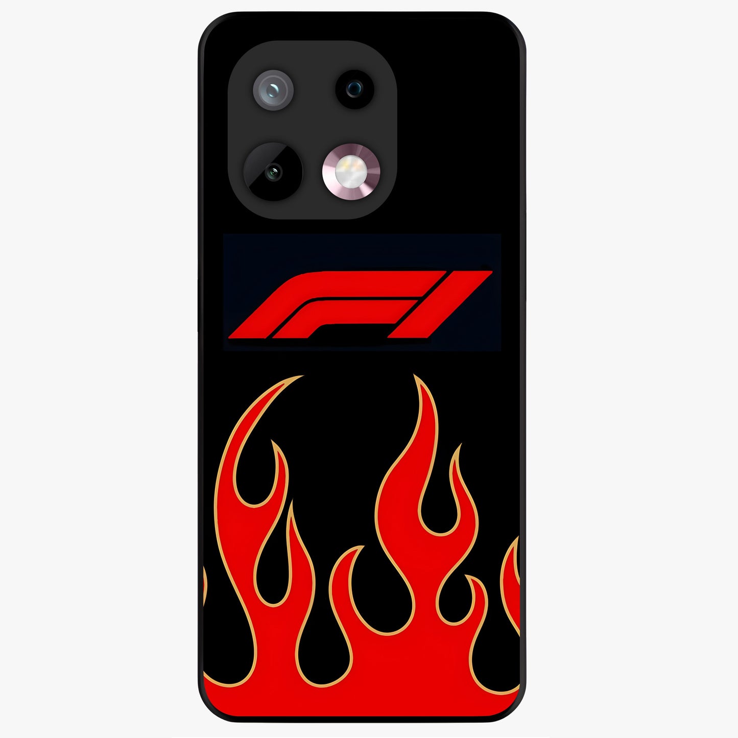 Fire F11 Glass Case showing flat back view with fiery themed artwork and glossy glass finish.