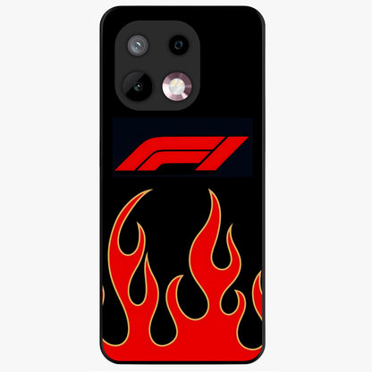 Fire F11 Glass Case showing flat back view with fiery themed artwork and glossy glass finish.