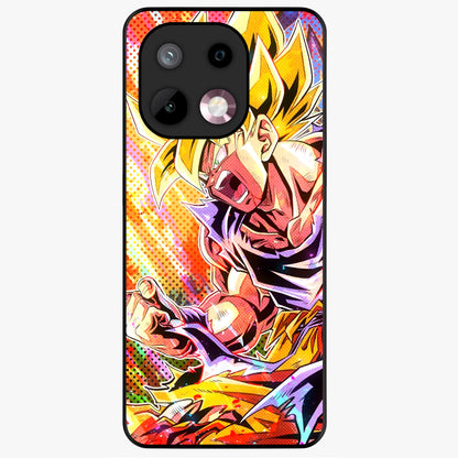 Firing Goku Glass Case showing flat back view with powerful anime inspired artwork and glossy glass finish.