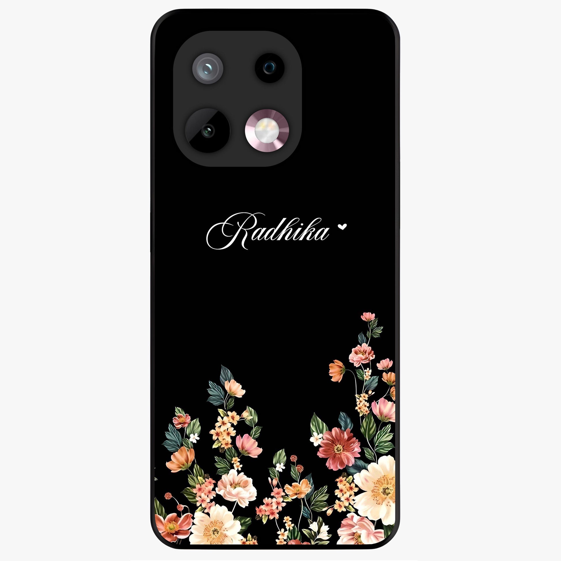Floral Design With a Custom Personalized Name Glass Case showing flat back view with floral artwork and personalized name design.
