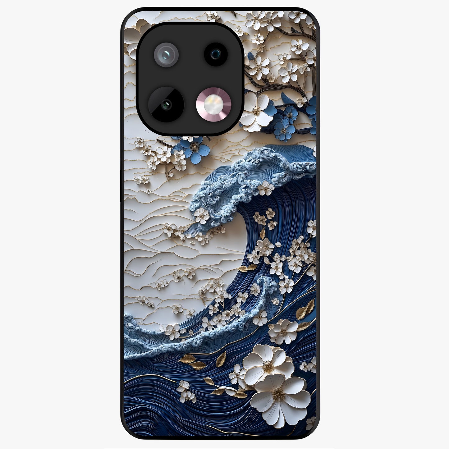 Floral Wave Origami Glass Case showing flat back view with origami inspired floral wave artwork and glossy glass finish.