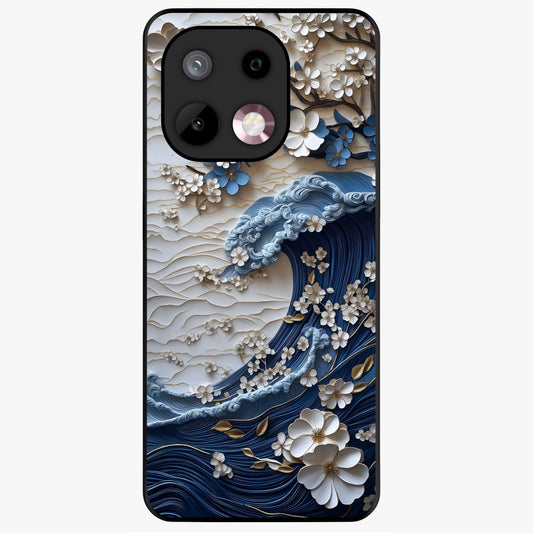 Floral Wave Origami Glass Case showing flat back view with origami inspired floral wave artwork and glossy glass finish.