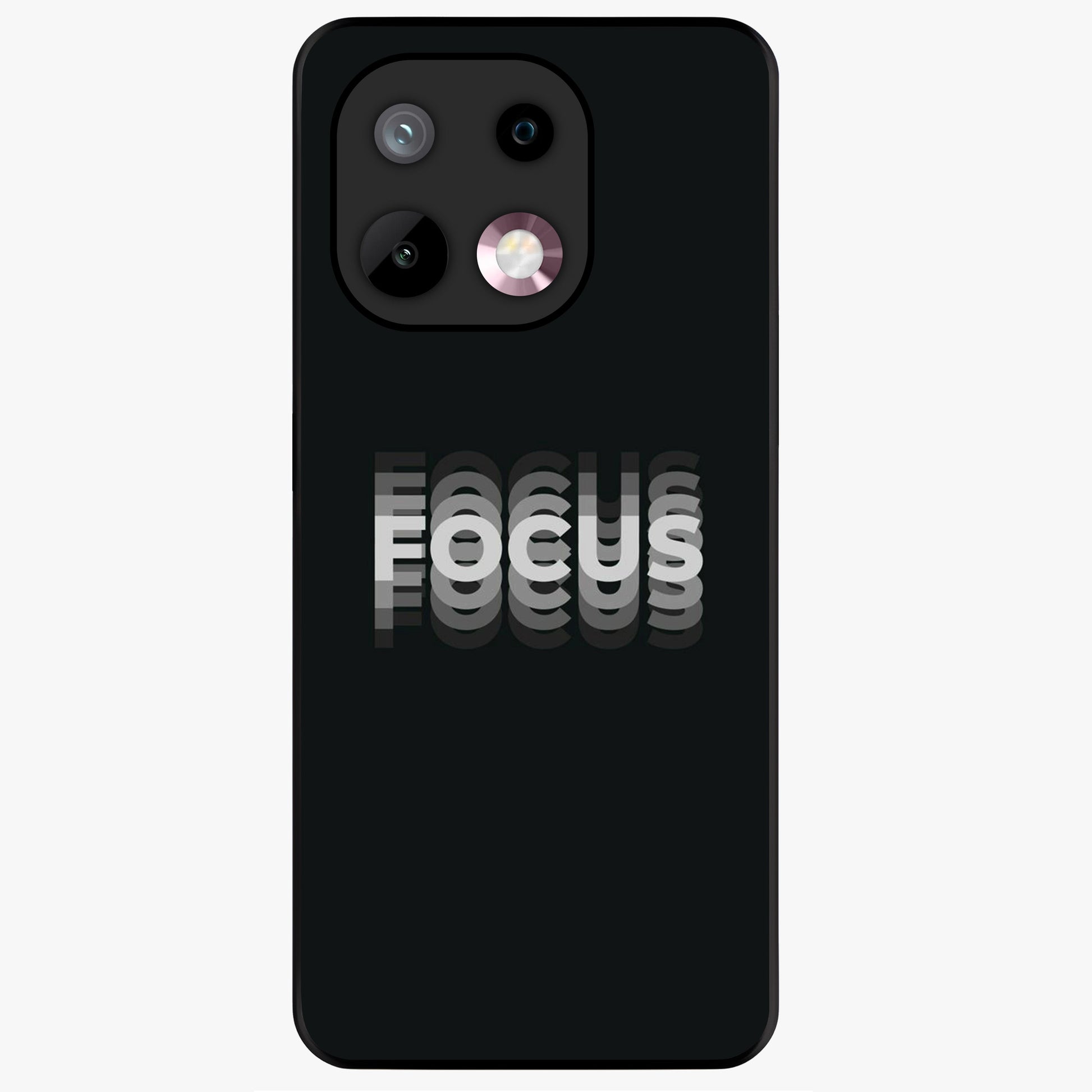 Focus Mode On Glass Case showing flat back view with bold motivational typography design and glossy glass finish.