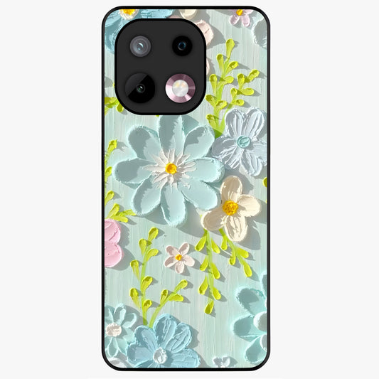 Frosted Petal Garden Glass Case showing flat back view with soft frosted floral artwork and glossy glass finish.
