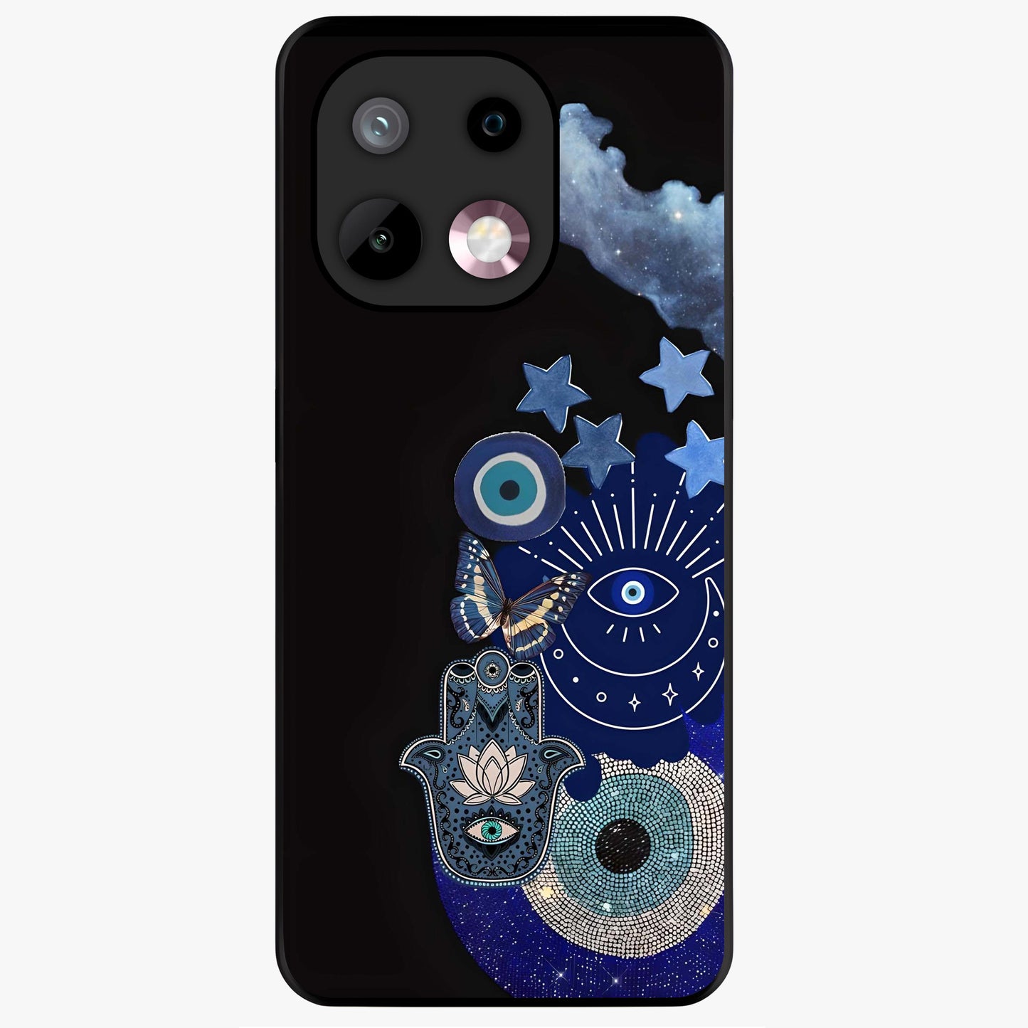 Galactic Charm Cluster Glass Case showing flat back view with glowing celestial charm artwork and glossy glass finish.
