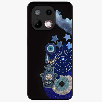 Galactic Charm Cluster Glass Case showing flat back view with glowing celestial charm artwork and glossy glass finish.