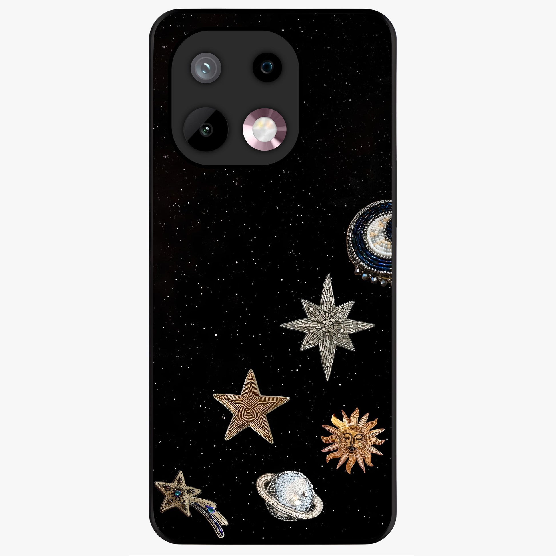 Galactic Charm Glow Glass Case showing flat back view with glowing celestial charm artwork and glossy glass finish.
