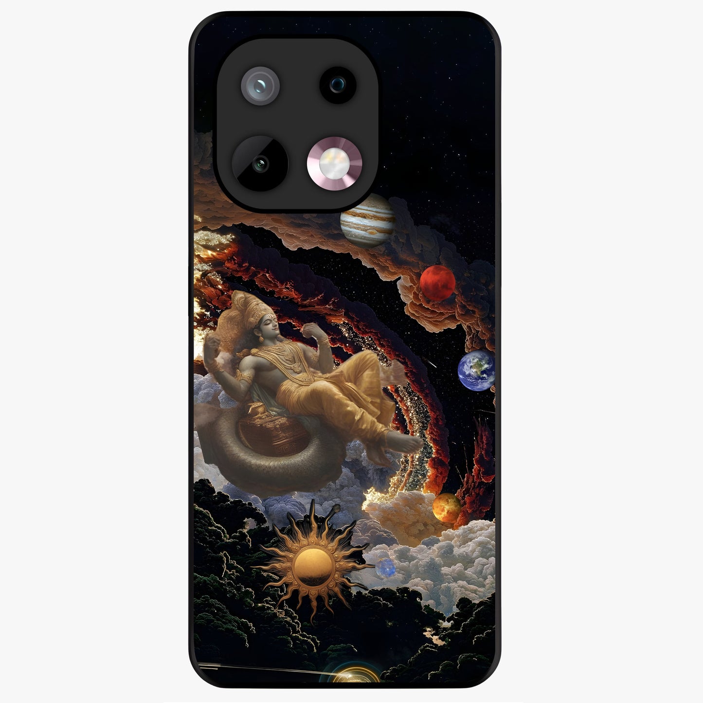 Galactic Divine God Glass Case showing flat back view with divine cosmic themed artwork and glossy glass finish.