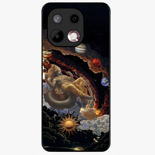 Galactic Divine God Glass Case showing flat back view with divine cosmic themed artwork and glossy glass finish.