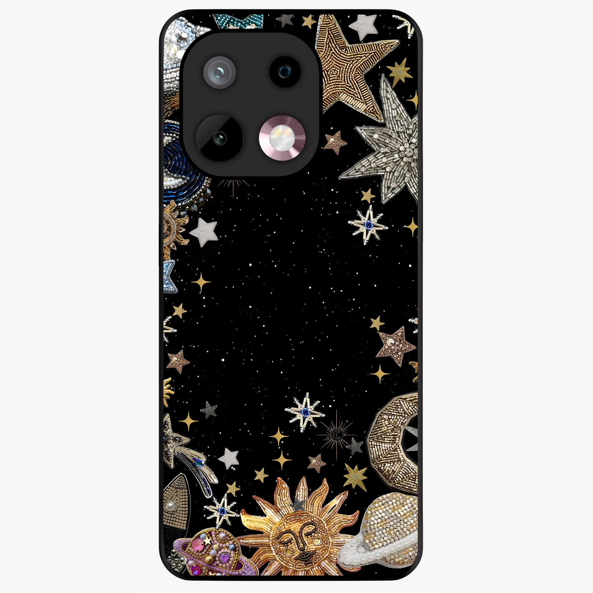 Galactic Jewel Stars Glass Case showing flat back view with sparkling star jewel artwork and glossy glass finish.