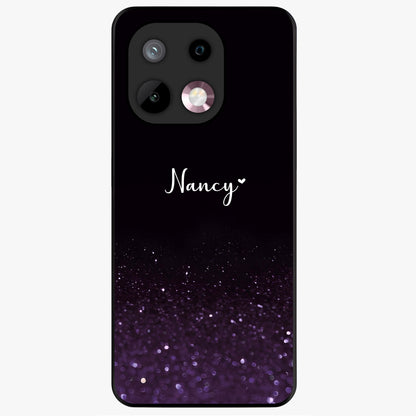 Glittery Purple Bokeh Custom Name Glass Case showing flat back view with purple bokeh sparkle artwork and personalized name design.