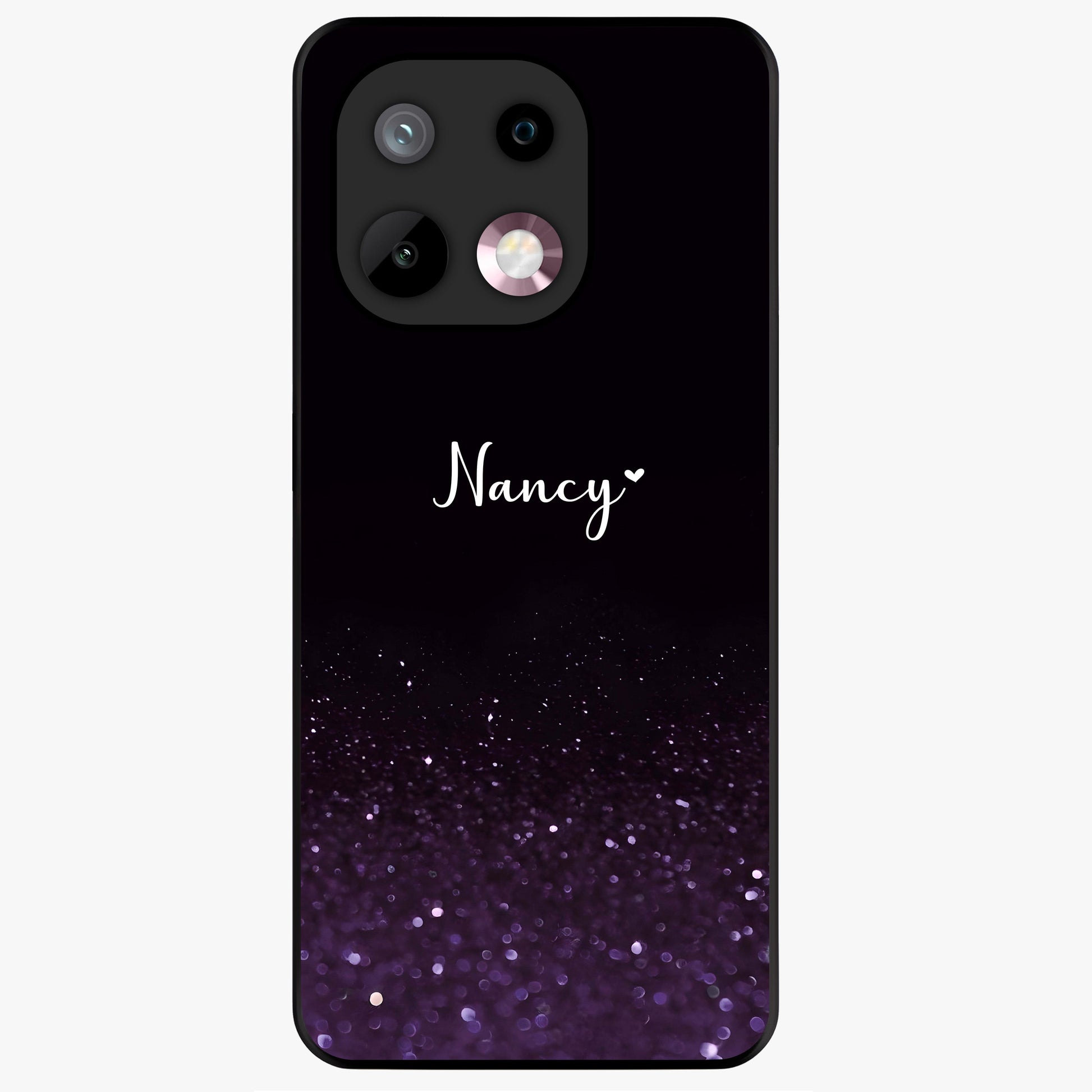 Glittery Purple Bokeh Custom Name Glass Case showing flat back view with purple bokeh sparkle artwork and personalized name design.