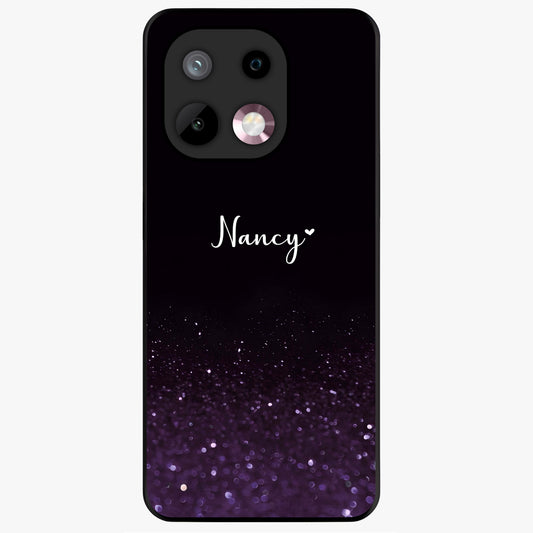 Glittery Purple Bokeh Custom Name Glass Case showing flat back view with purple bokeh sparkle artwork and personalized name design.