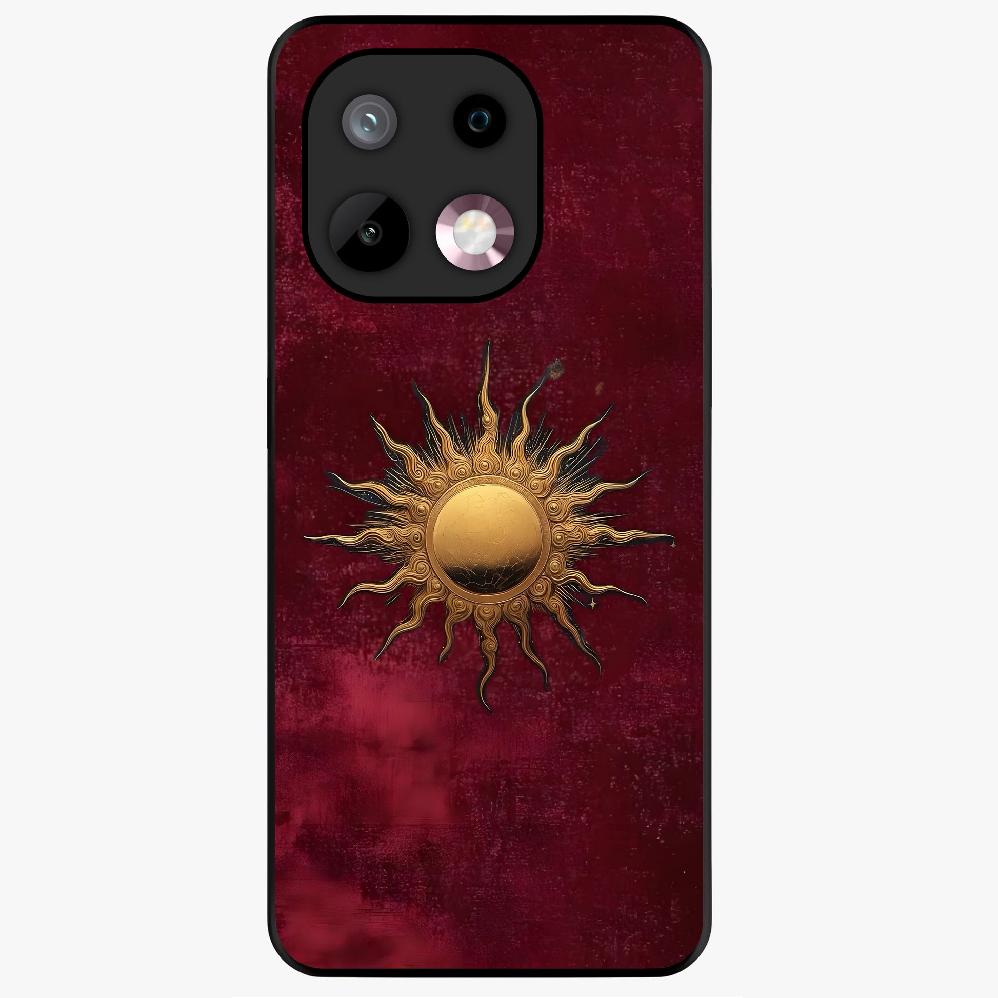 Gold Sun Blush Glass Case showing flat back view with golden sun inspired artwork and glossy glass finish.