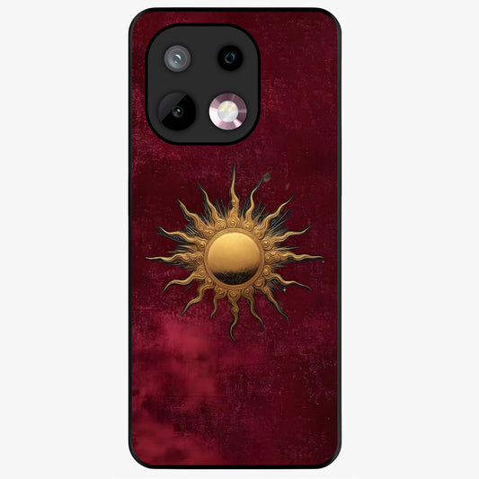 Gold Sun Blush Glass Case showing flat back view with golden sun inspired artwork and glossy glass finish.