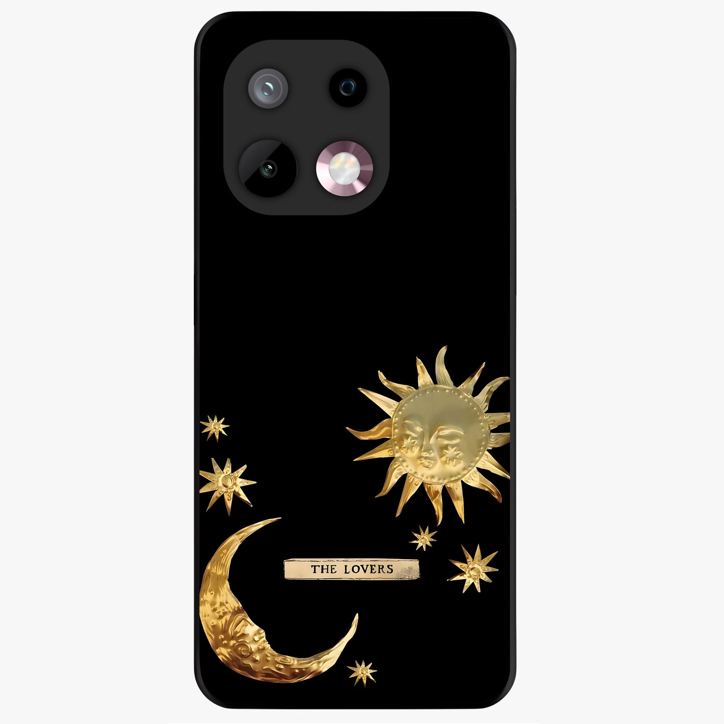 Golden Celestial Charm Glass Case showing flat back view with golden celestial charm artwork and glossy glass finish.
