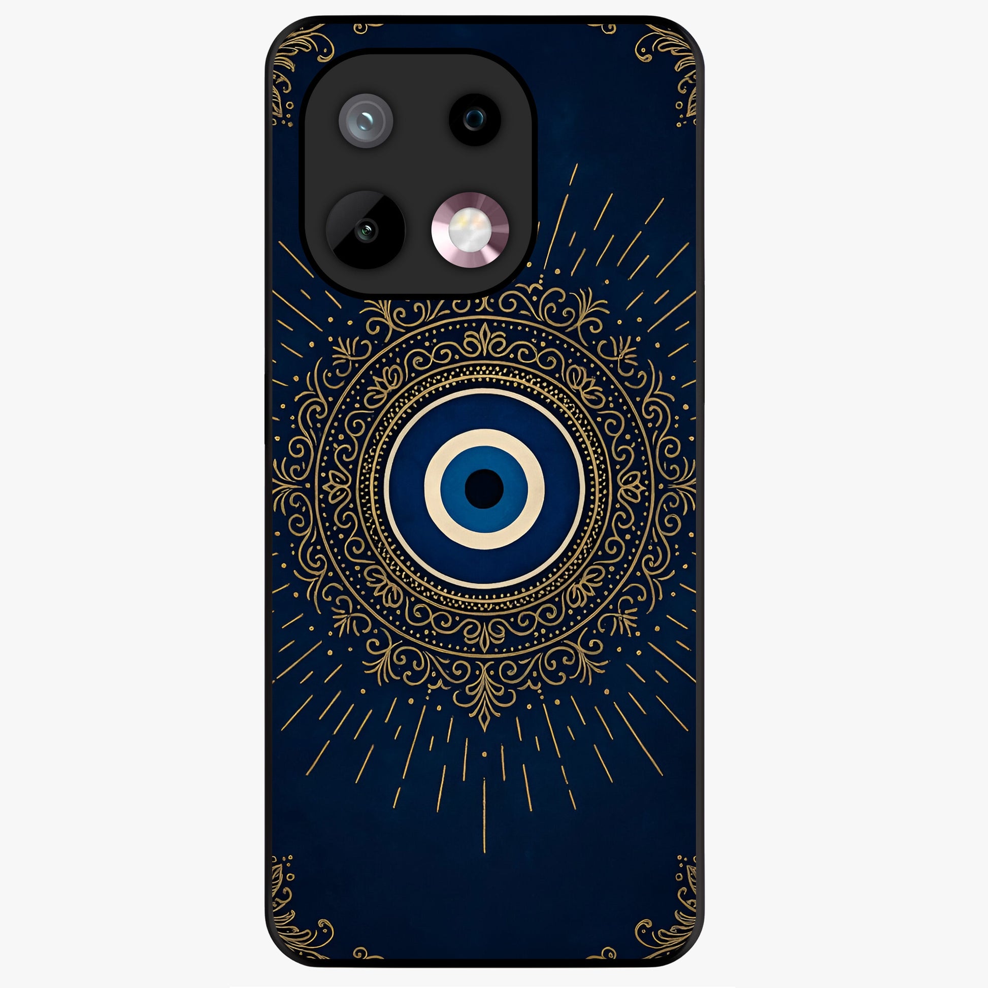 Golden Evil Eye Mandala Glass Case showing flat back view with intricate evil eye mandala artwork and glossy glass finish.