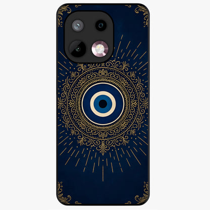 Golden Evil Eye Mandala Glass Case showing flat back view with intricate evil eye mandala artwork and glossy glass finish.