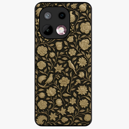 Golden Floral Majesty Glass Case showing flat back view with luxurious golden floral artwork and glossy glass finish.