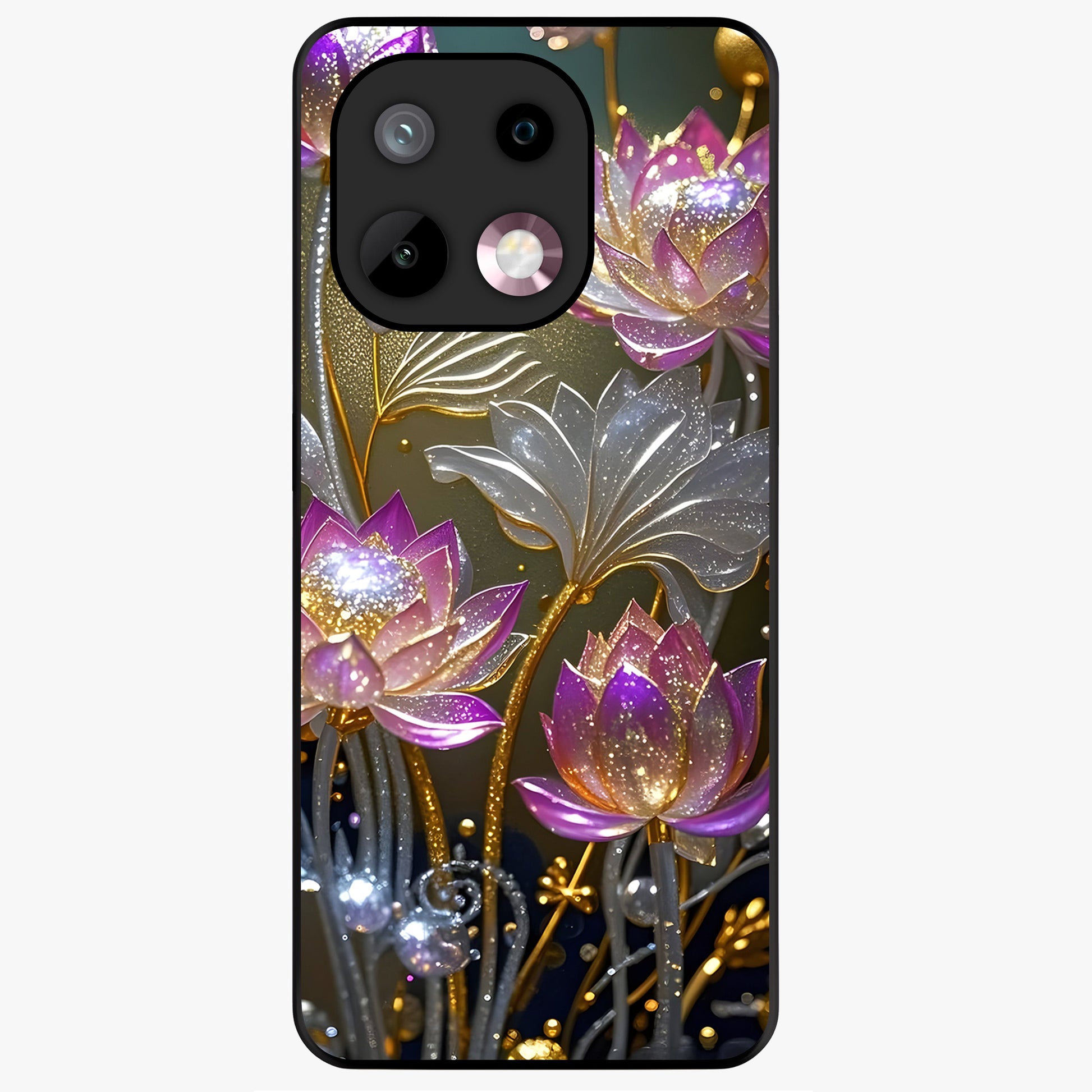 Golden Lotus Glow Glass Case showing flat back view with glowing lotus flower artwork and glossy glass finish.