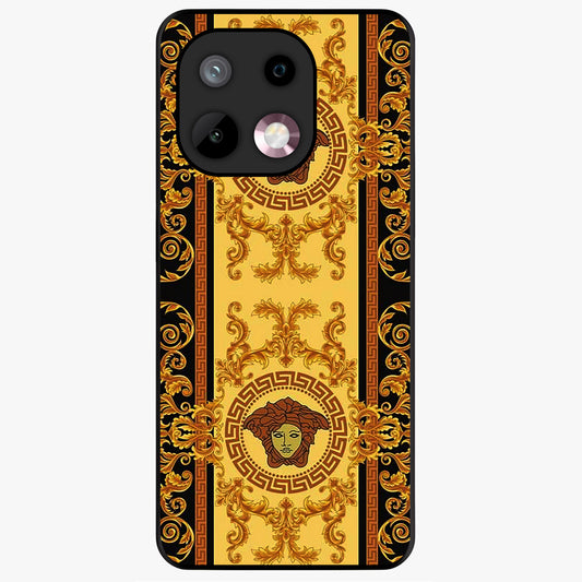 Golden Royal Heritage Glass Case showing flat back view with ornate royal pattern artwork and glossy glass finish.