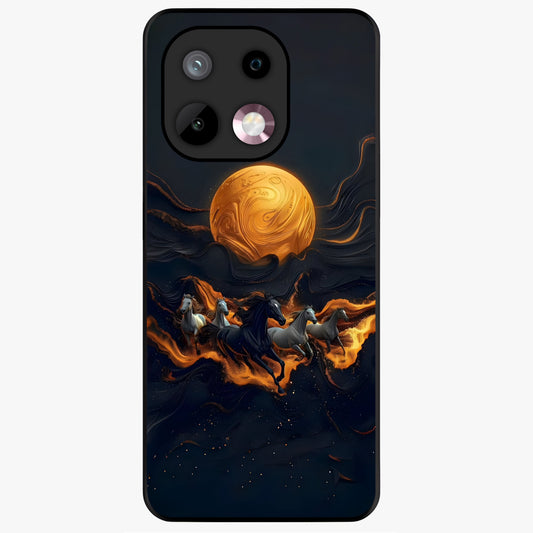Golden Stallion Moonride Glass Case showing flat back view with majestic horse under moonlight artwork and glossy glass finish.
