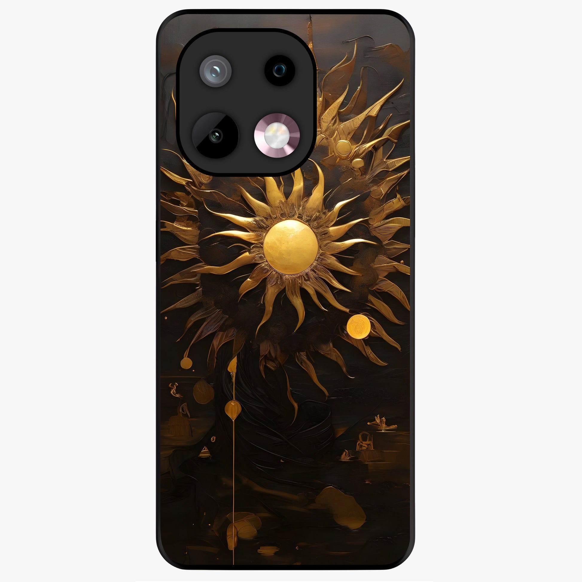 Golden Sun Majesty Glass Case showing flat back view with radiant golden sun artwork and glossy glass finish.