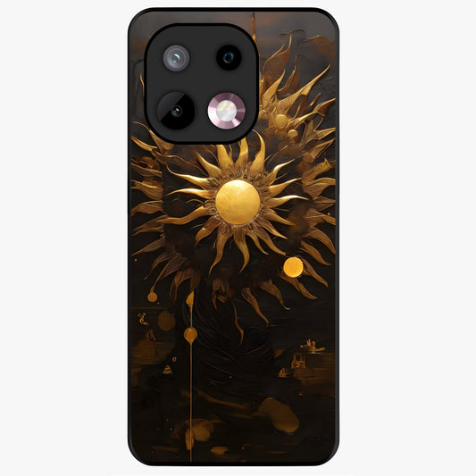 Golden Sun Majesty Glass Case showing flat back view with radiant golden sun artwork and glossy glass finish.